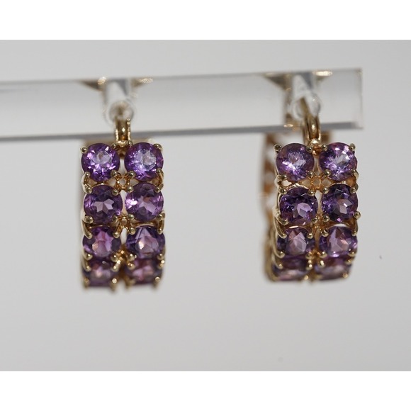 Vintage 14k Solid Yellow Gold Natural Ameythyst Huggie Hoop Earrings - Mexico - Picture 3 of 7